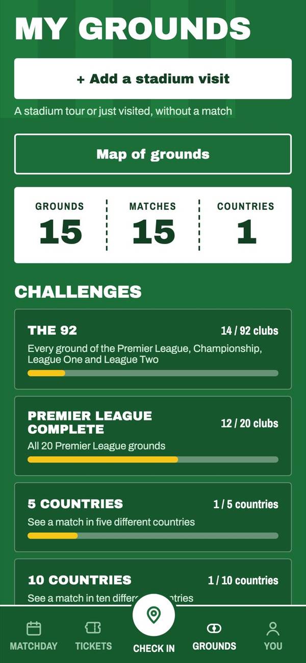 Grounds screen with totals and challenges